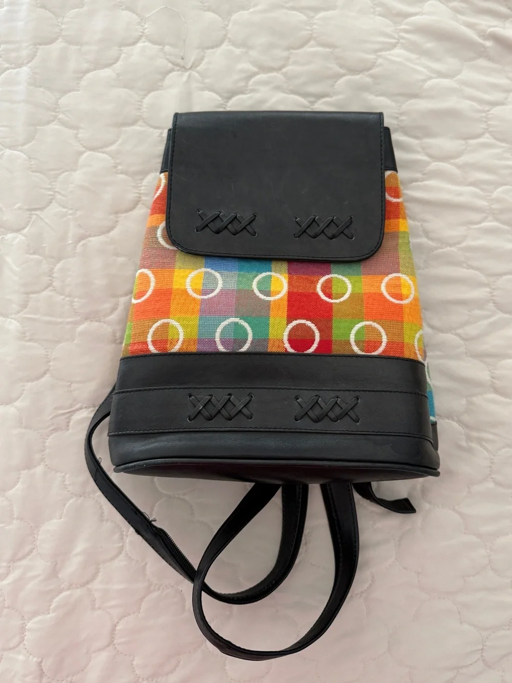 Multicolor Canvas & Black Leather Accent Backpack